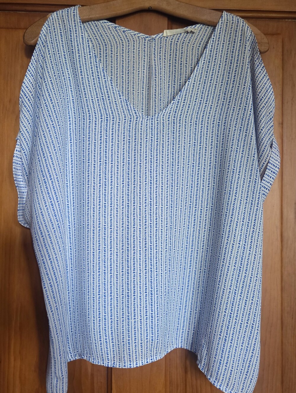 Lush White and Light Blue Striped Cold-shoulder V-Neck Blouse
